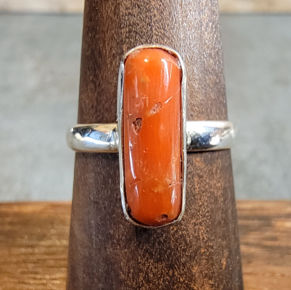 Native Red Coral Fossil Gemstone Ring 7 Sterling Silver 925 Dainty Stone Boho